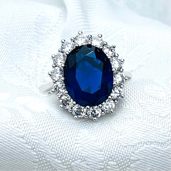 Sterling Silver Lab Simulated Sapphire Halo Cz Diamond Ring Vietnam - Picture 1 of 16